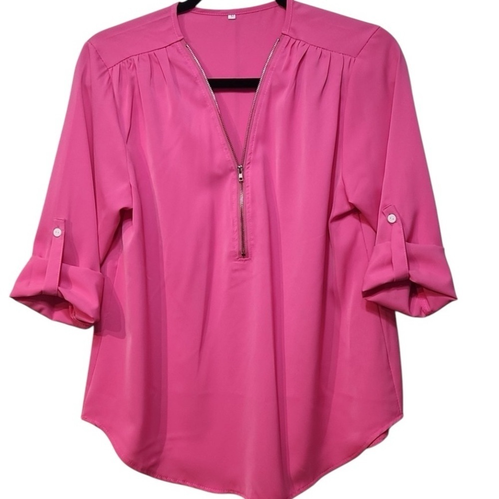 Pink Round Neck 1/2 zip Blouse size Medium